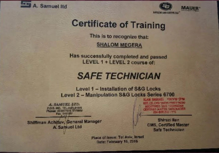 תעודת Safe Technician מטעם Sargent & Greenleaf, התקנה ומניפולציה של מנעולי סדרה 6700